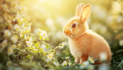 Fototapeta premium Happy Easter concept: a dwarf cute rabbit sitting on a spring flowers field