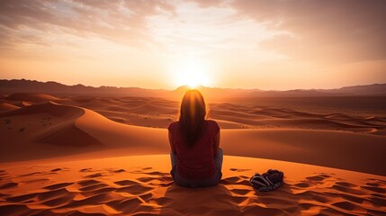 Sexy woman walking in the desert.Beautiful view on the mountain at sunset. Amazing sand dunes. Golden sand waves. Natural safari panorama. Unique journey. - obrazy, fototapety, plakaty