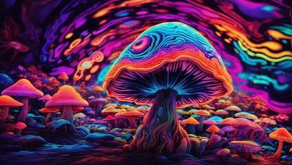 3d illustration of psychedelic mushroom in surreal space with colorful abstract background - obrazy, fototapety, plakaty