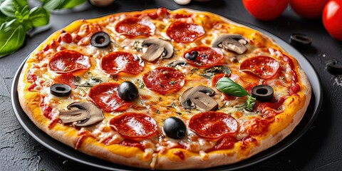 Delicious pepperoni pizza with mushrooms, freshly prepared, fast food, salami, background, wallpaper.