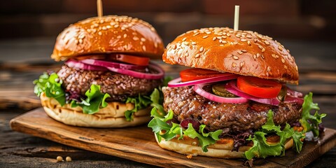 Juicy just cooked burger with meat and cheese , fast food , delicious , background , wallpaper. - obrazy, fototapety, plakaty