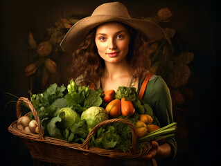 Woman farmer holding vegetables in a bucket - ai generative
