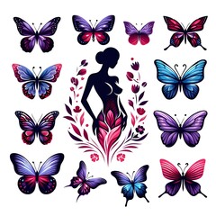 Collection of butterflies with female silhouette, for logo, illustration.