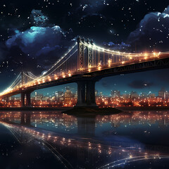 Nighttime skyline with illuminated bridges.