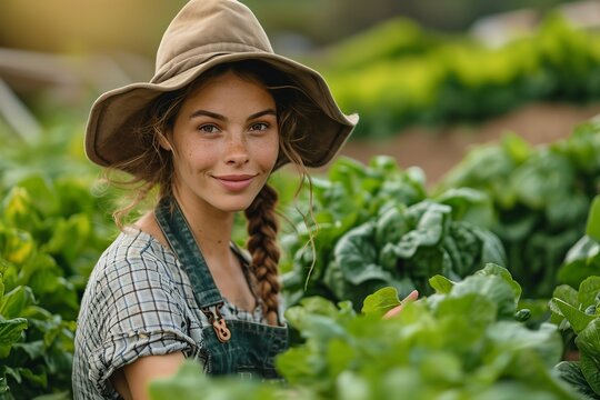 Happy female farmer with a traditional hat cultivating organic fresh vegetables with a big copy space, Generative AI.