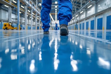 In a factory, blue jumpsuit-clad cleaning firm employees polish fresh epoxy flooring, space, Generative AI.