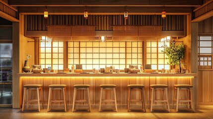 Japanese restaurant counter section well decorated with traditional view and a copy space, Generative AI.