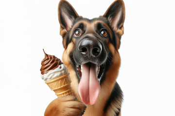 Obraz premium German Shepherd dog with tongue hanging out and big bulging eyes eat ice cream cone on white background. ai generative