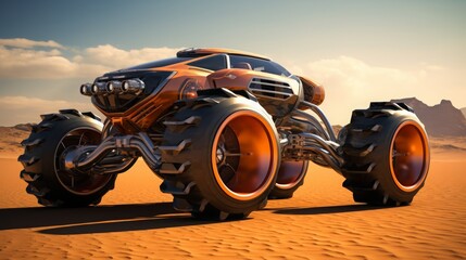 futuristic four wheeled transport vehicle in the desert, 16:9 - obrazy, fototapety, plakaty