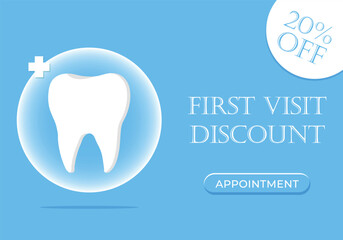 Discount on dentist services. Dentist profession web banner or landing page with teeth icon. White healthy tooth. Dental banner or background. Vector illustration