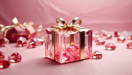 Glass festive giftbox with hearts. Valentine's Day concept