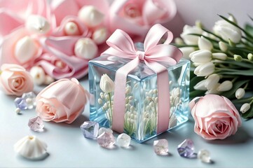 Flowers in glass transparent giftbox. First spring flowers, romantic,  present, festive giftbox.