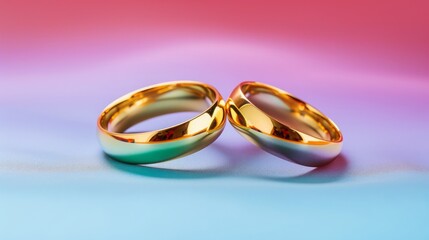 Two golden wedding rings, colorful rainbow colors in the background, Same-sex marriage, gay, lgbtq, 16:9, copy space