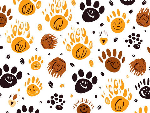 Seamless Lion pattern with paw prints, bones, hearts and balls, Lion foot texture