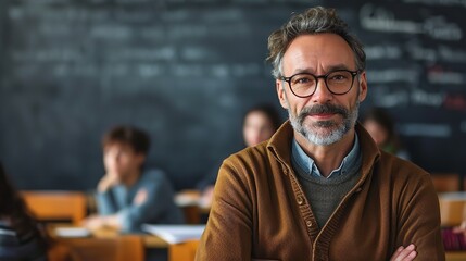 Portrait of happy middle aged male teacher smiling at the camera in classroom with copy space, Generative AI.
