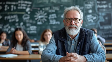 Portrait of happy middle aged male teacher smiling at the camera in classroom with copy space, Generative AI. - obrazy, fototapety, plakaty