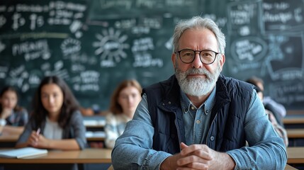 Portrait of happy middle aged male teacher smiling at the camera in classroom with copy space, Generative AI.