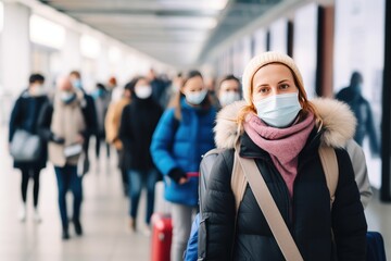 young woman in medical mask looking at camera while waiting for flight at airport. Medical Mask. Pandemic Concept. Healthcare Concept. Epidemic Concept.
