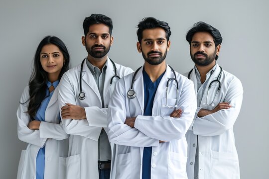Several Indian physicians are positioned facing the camera while holding their hands folded, Generative AI.