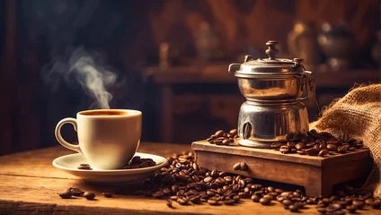 Foto auf Acrylglas Kaffee Bar Cup of coffee, grains vintage background rustic