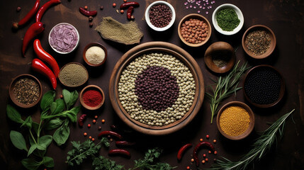 Lentils among spices and legumes - obrazy, fototapety, plakaty