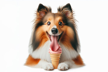 Shetland Sheepdog with tongue hanging out and big bulging eyes eat ice cream cone on white background. ai generative