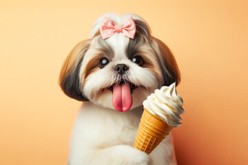 Shih Tzu dog with tongue hanging out and big bulging eyes eat ice cream cone on solid color background. ai generative