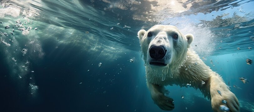 A polar bear swims underwater and looks at the camera. Wild life in the north.