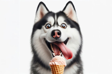 Siberian Husky dog with tongue hanging out and big bulging eyes eat ice cream cone on white background. ai generative