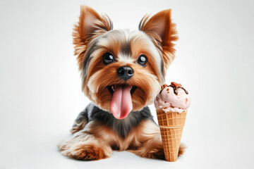 Yorkshire Terrier dog with tongue hanging out, big bulging eyes eat ice cream cone on white background. ai generative