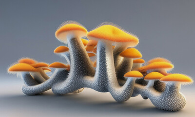 mycelium of mushrooms with yellow caps 3D on a gray background