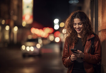 attractive beautiful young brunette Hispanic or Arab woman using and texting on her smart phone mobile for service 5g digital communication and online social media city banner