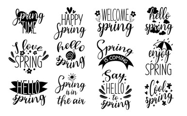Spring or summer time handmade text quote. Hello spring time vector lettering text greeting card special springtime typography hand drawn. - obrazy, fototapety, plakaty