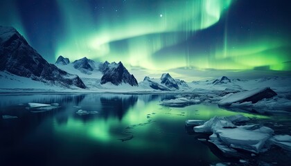 Naklejka premium View of night sky with multicolored aurora borealis and snowy mountains peak background. Night glows in vibrant aurora reflection on the lake with forest. 