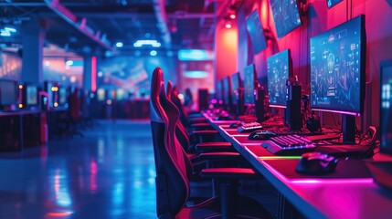 Neon light gaming stations with high-end equipment in an esports club