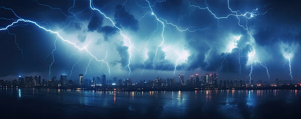 Lightning storms or striking over night city in blue light.