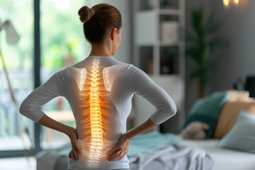 Shot with highlighted spine of woman with back pain - obrazy, fototapety, plakaty