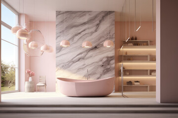 Light pink color marble patterned wall and floor minimal design modern decorated bathroom interior