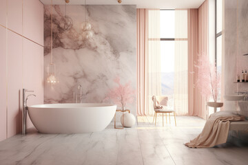 Light pink color marble patterned wall and floor minimal design modern decorated bathroom interior