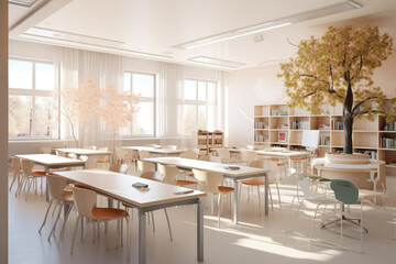 Light-coloured design classroom with glassed air, back to school. Generative ai