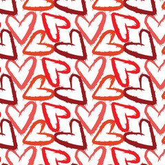 Seamless romantic pattern with hand drawn red hearts. Colorful doodle hearts on dark background. Ready template for design, postcards, print, poster, party, Valentine's day, vintage textile. Vector.