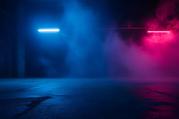 A dark empty street background with neon light and smoke float up the interior texture