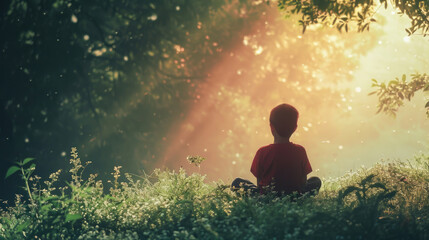 Little Boy Sitting Alone Surrounded by Trees in Forest