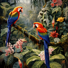 Tropical birds in a lush rainforest. 