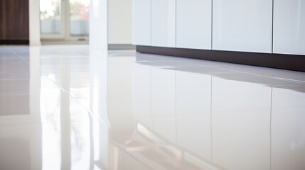 Detailed view of a white, high-gloss laminate floor in a minimalist kitchen, reflecting clean lines and modern design