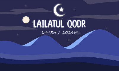 Ramadan and Lailatul Qodr template design with sky, moon and desert views, vector design of Ramadan greeting banner design, muslim, with light gradient.