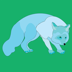 The fox stands on four legs, slightly bent over, side view. A predatory animal has a body covered with fluffy fur, a head, nose, eyes, tail, paws and claws.