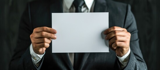 Businessman holding blank paper for networking capital.