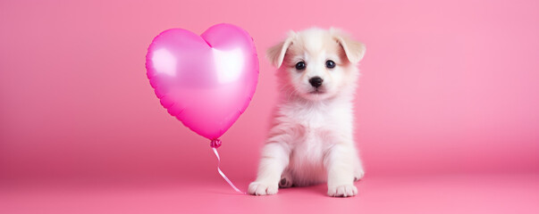 Cute puppy with heart balloon sitting on a pink background, Valentine day holiday card design - obrazy, fototapety, plakaty