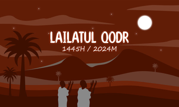 Ramadan and Lailatul Qodr template design with sky, moon and desert views, vector design of Ramadan greeting banner design, muslim, with light gradient.